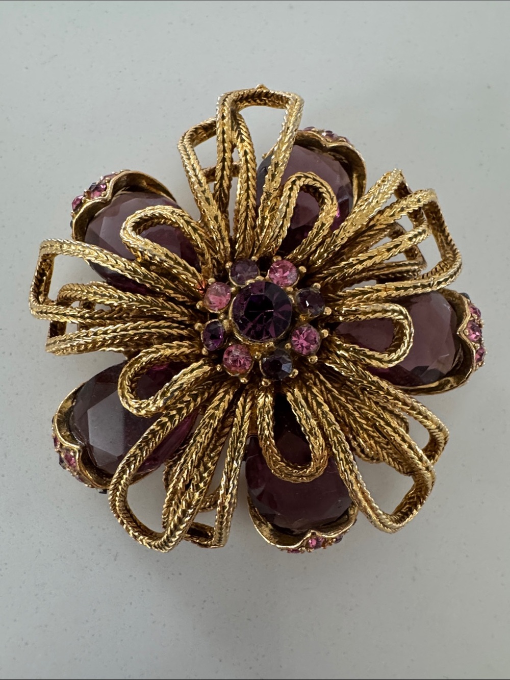 Vintage Capri Gold Tone Floral Brooch with Amethyst and Pink Crystals